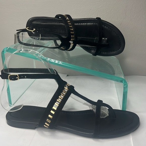 Sigerson Morrison Sz 6 Black Suede Gold Leather TStrap Ankle Strap Flat Sandals - Picture 4 of 11